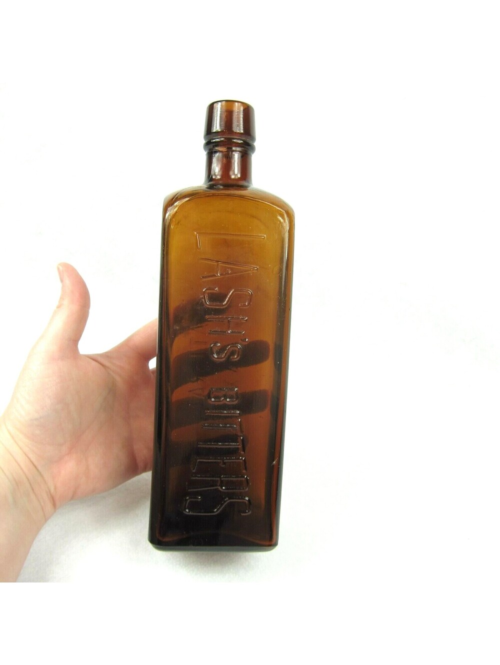 Antique Amber Glass Bottle 9.5" Embossed Lash's Bitters Natural Tonic Laxative